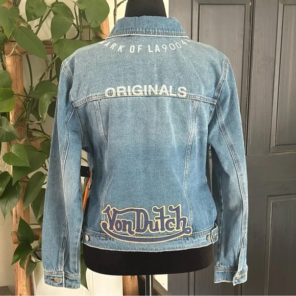 Von Dutch Denim Trucker Jacket Viral Button Up Patches Graphic Print Y2K Indie L - Picture 2 of 12